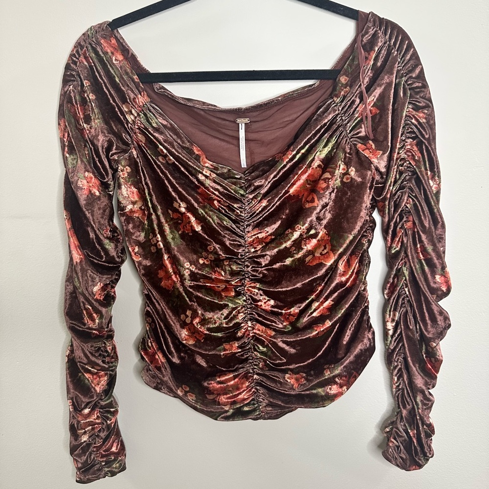 Free People Floral Velvet Ruched Top